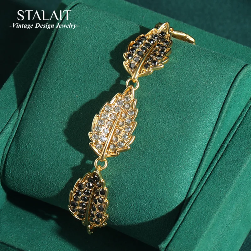 

Vintage Gold Plated Bracelets Leaf Black Rhinestone Woman Charms Luxury Chain Girlfriend Gift Party Wedding Accessories 2025