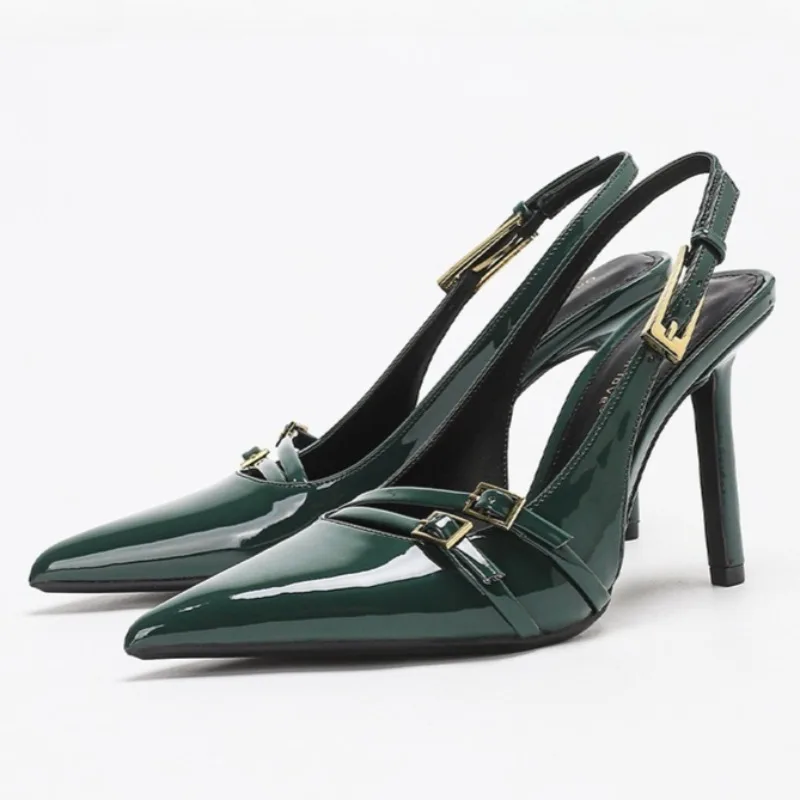 

Luxury Patent Leather Pointed Toe High Heels Women Fashion Belt Buckle Design Slingback Stilettos Pumps Elegant Designer Sandals