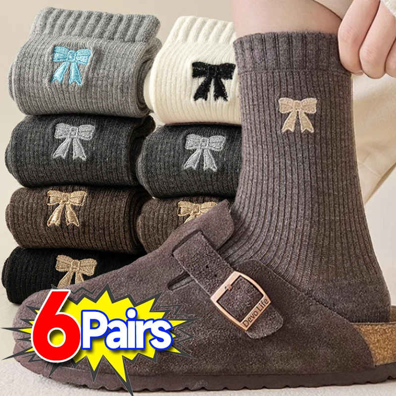 

Осенне-зимние уютные домашние носки с бантом в стиле ретро, женские флисовые хлопковые носки до середины икры, дышащие удобные женские эластичные мягкие термоноски