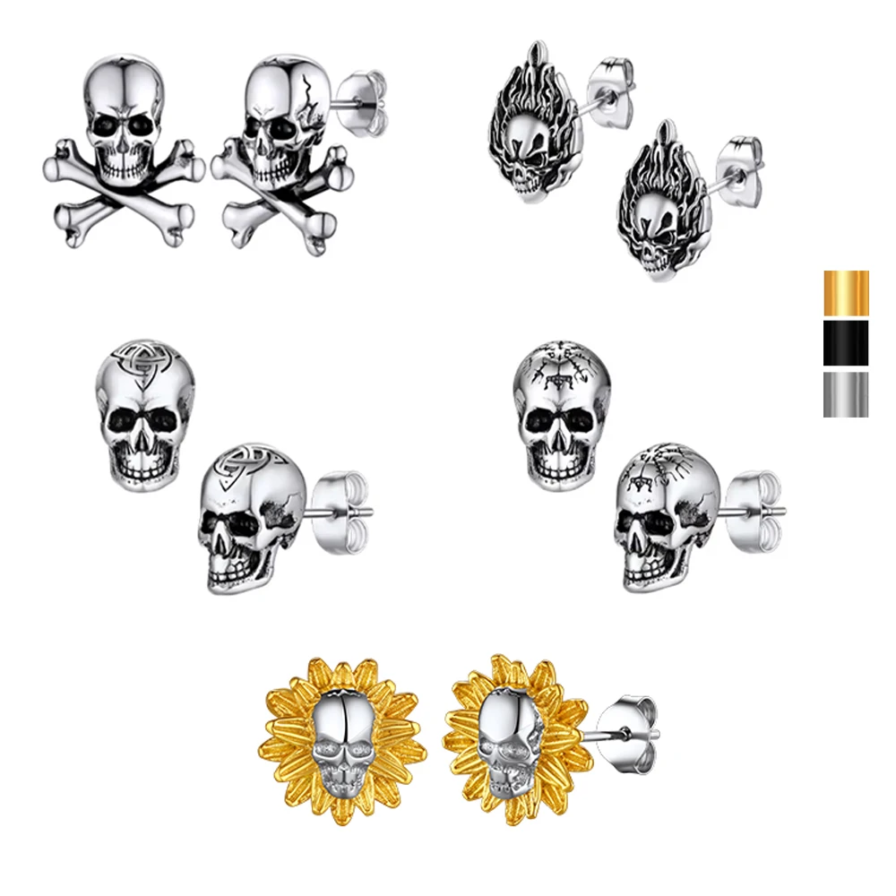 U7 Stainless Steel Multiple Styles Skull Stud Earrings Flame Cross Flower Vintage Retro Style Gothic Punk Unisex Jewelry Gift