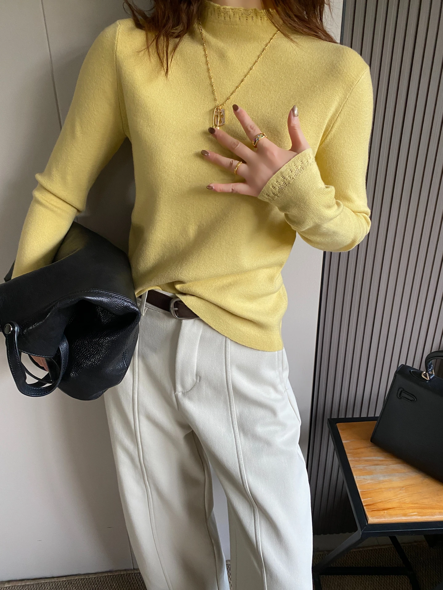 

Women's Knitted Hollow out Ruffle f High Collar Sweater Slimming Base Layer Top Korean Sle Soft Long Sve Winter Faion