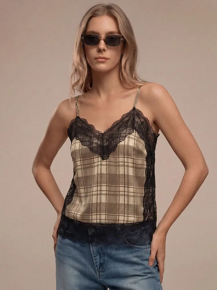 HH Damen Vintage Kariertes Spitzen-Cami-Top in Braun für Frauen Mode Lässige Tägliche Kleidung Wochenend-Party Urlaub Y2K Streetwear Schicke Tops