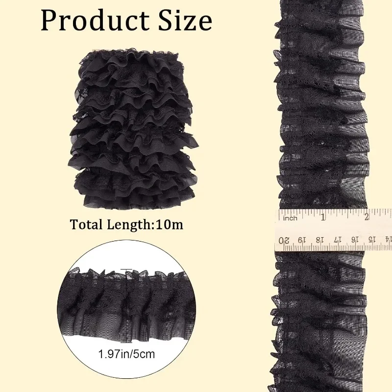 11 Yards Black Double-Layer Pleated Chiffon Lace Trim 5cm Wide 2-Layer Gathered Ruffle Trim Edging Tulle Trimmings Fabric Ribbon