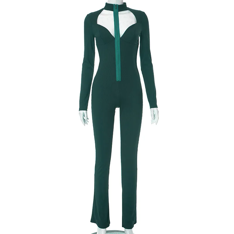 BKLD Clothes For Women 2023 Autumn Winter New Fashion Hollow Out Tight Long Sleeve Zipper One Pieces Outfit Jumpsuit Solid Color