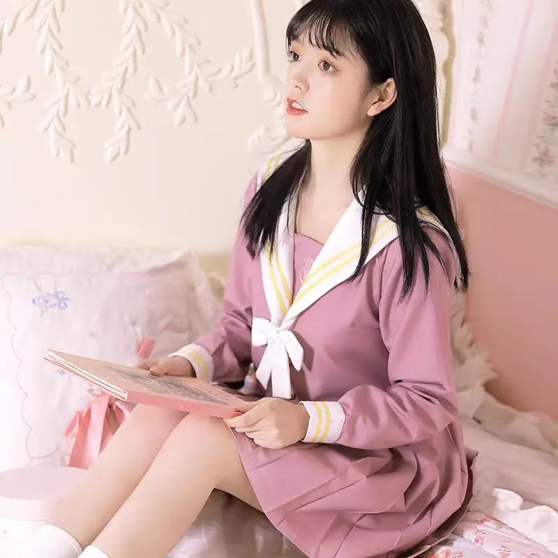 Korean and Japanese School Girl Uniform Set Pink Jade Orchid Basic Jk Suit Pleated Skirt Sailor Club Anime COS Costumes Women