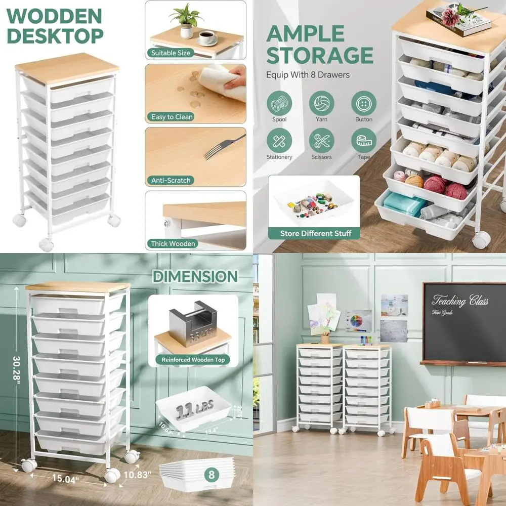 

Художественная тележка на колесиках с 8 ящиками и толстой деревянной столешницей для хранения вещей, подходящей для жилых помещений, офисов и поделок