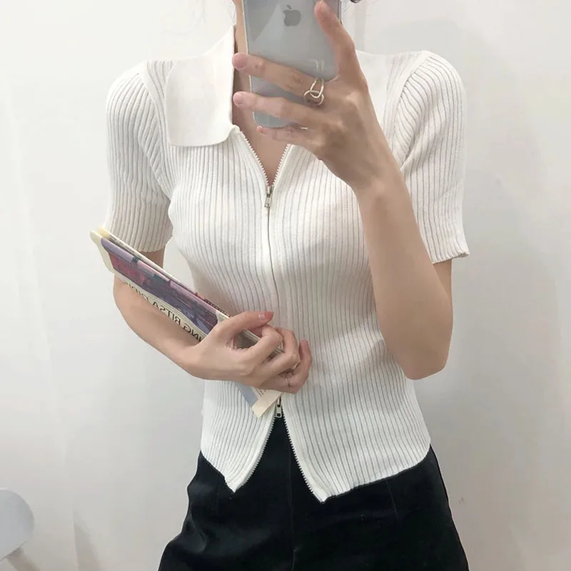 

Knitwears Turn Down Collar Knitted Sweater Women Cardigans Fashion Short Sleeve Knit Sweater Cardigan Women Tops Sweaters Q3347