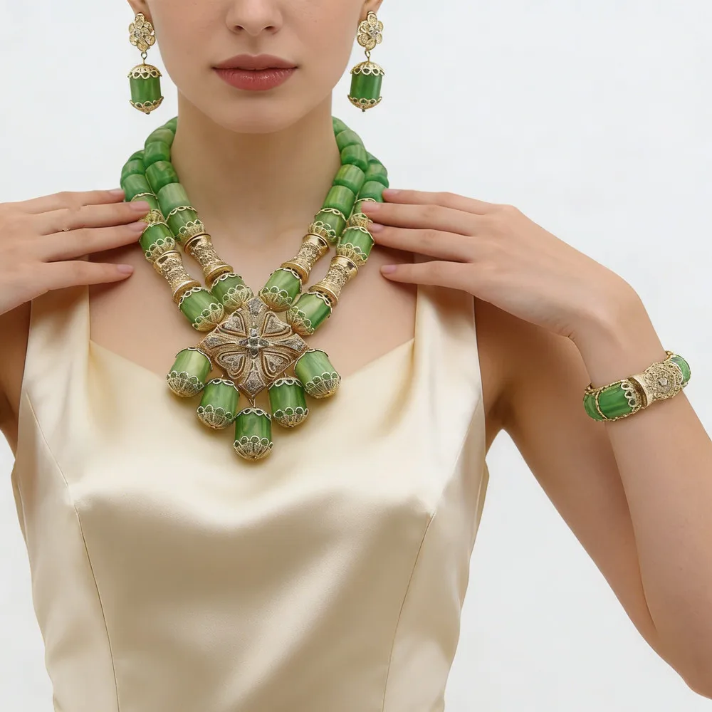 

Двухслойное ожерелье из смолы, модный женский комплект украшений, новинка, эффектный чокер, серьги, браслет, африканский нигерийский свадебный стиль