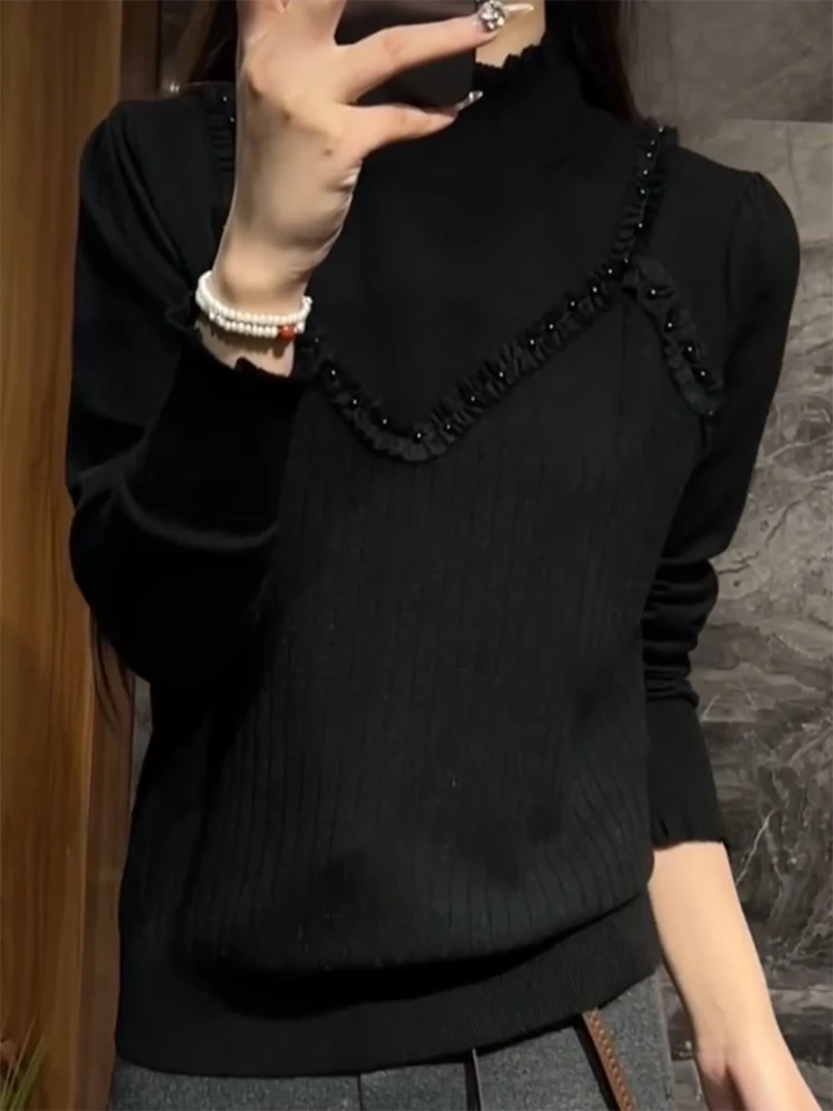 

Корейский дизайнерский роскошный вязаный свитер с эффектом двухслойности, осенне-зимняя новинка, большие размеры, универсальный, с длинными рукавами, теплый, влагоотводящий.