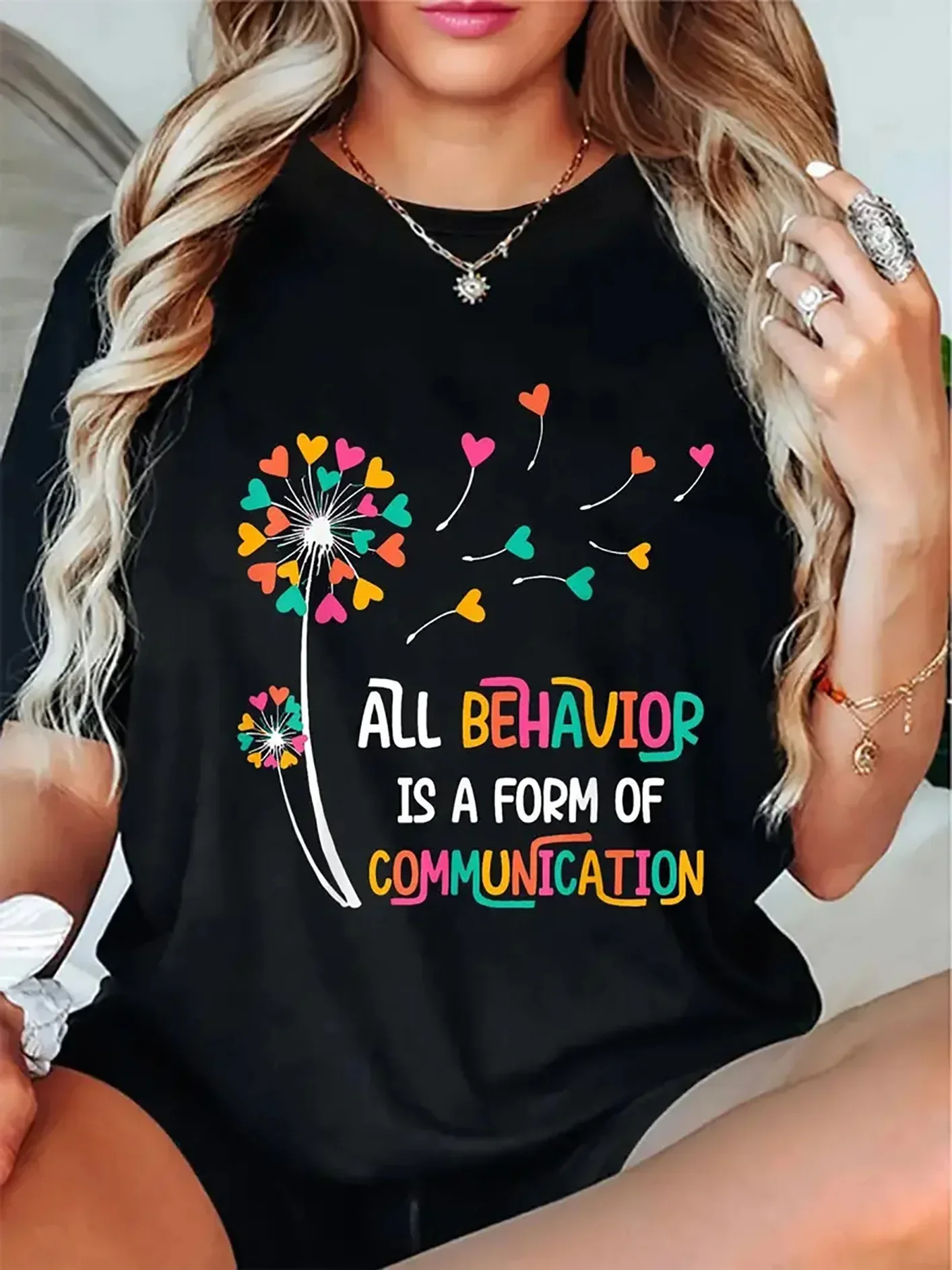 Women's Colorful Dandelion Print T-Shirt All Behavior Is A Form of Communication Casual Crew Neck Short Sleeve T Shirt Clothes