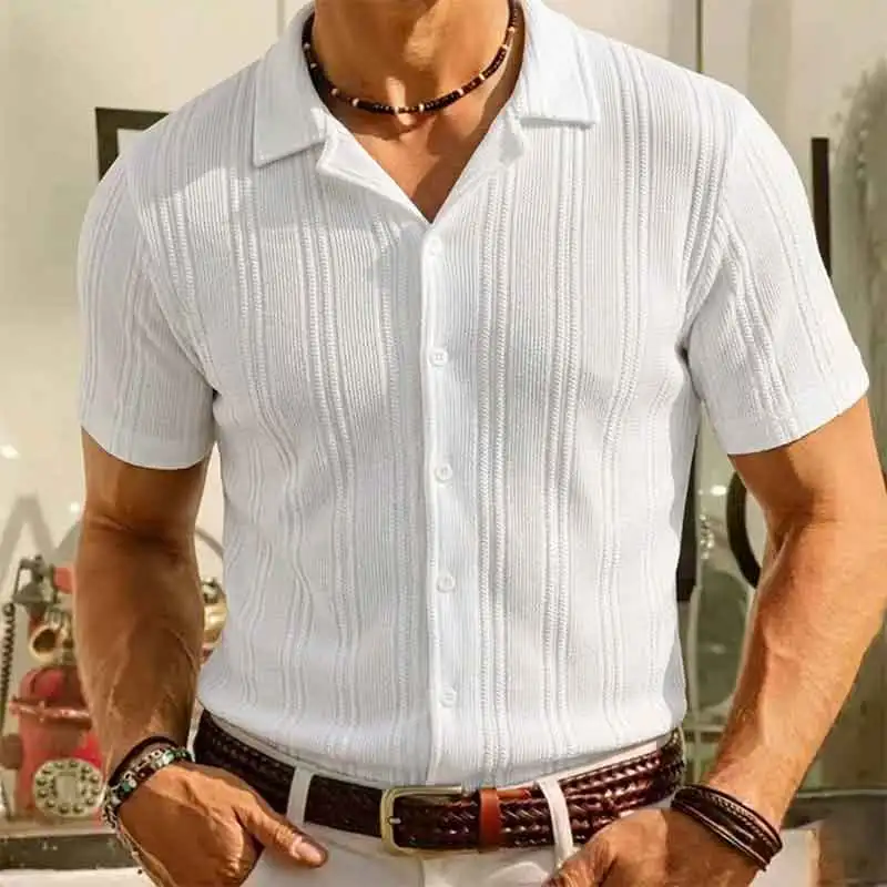 

Men Short-Sleeved Shirts Summer Solid Color Comfort Collar Casual Beach Style Black White Male Shirts Breathable Streetwear