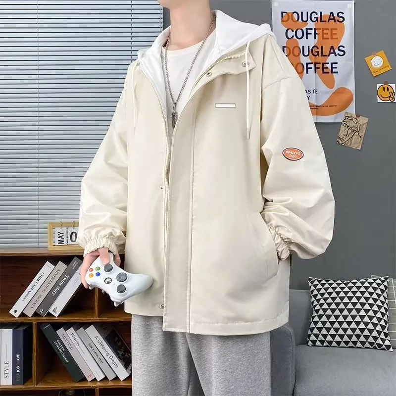 سترة رجالية بغطاء للرأس وأكمام طويلة، سترة واقية كاجوال للربيع والخريف، معطف خارجي خفيف الوزن، سترة بغطاء للرأس بسحاب ملابس الشارع #2