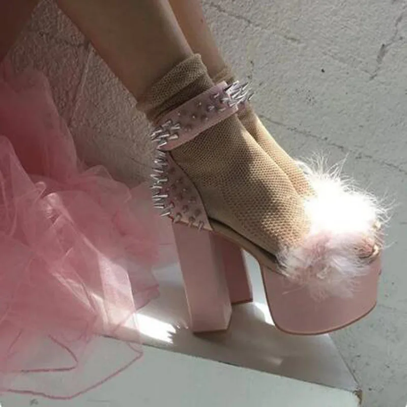 

Pink Suede Spike Rivet Studded Ankle Wrap Fur Peep Toe Platform Block Heel Sandals Women Cover Heel Hollow Punk Lolita Shoes