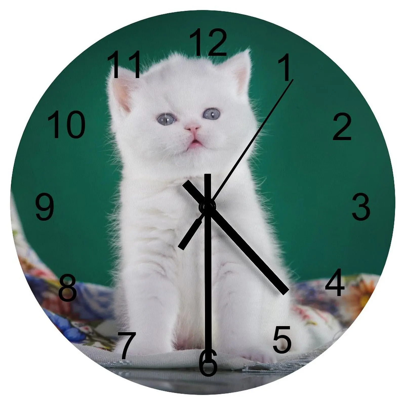 

Dining Room Wall Clock Pure white cute kitten Clocks 12 inch Silent Wood Round Artistic Battery Powered Fantasy