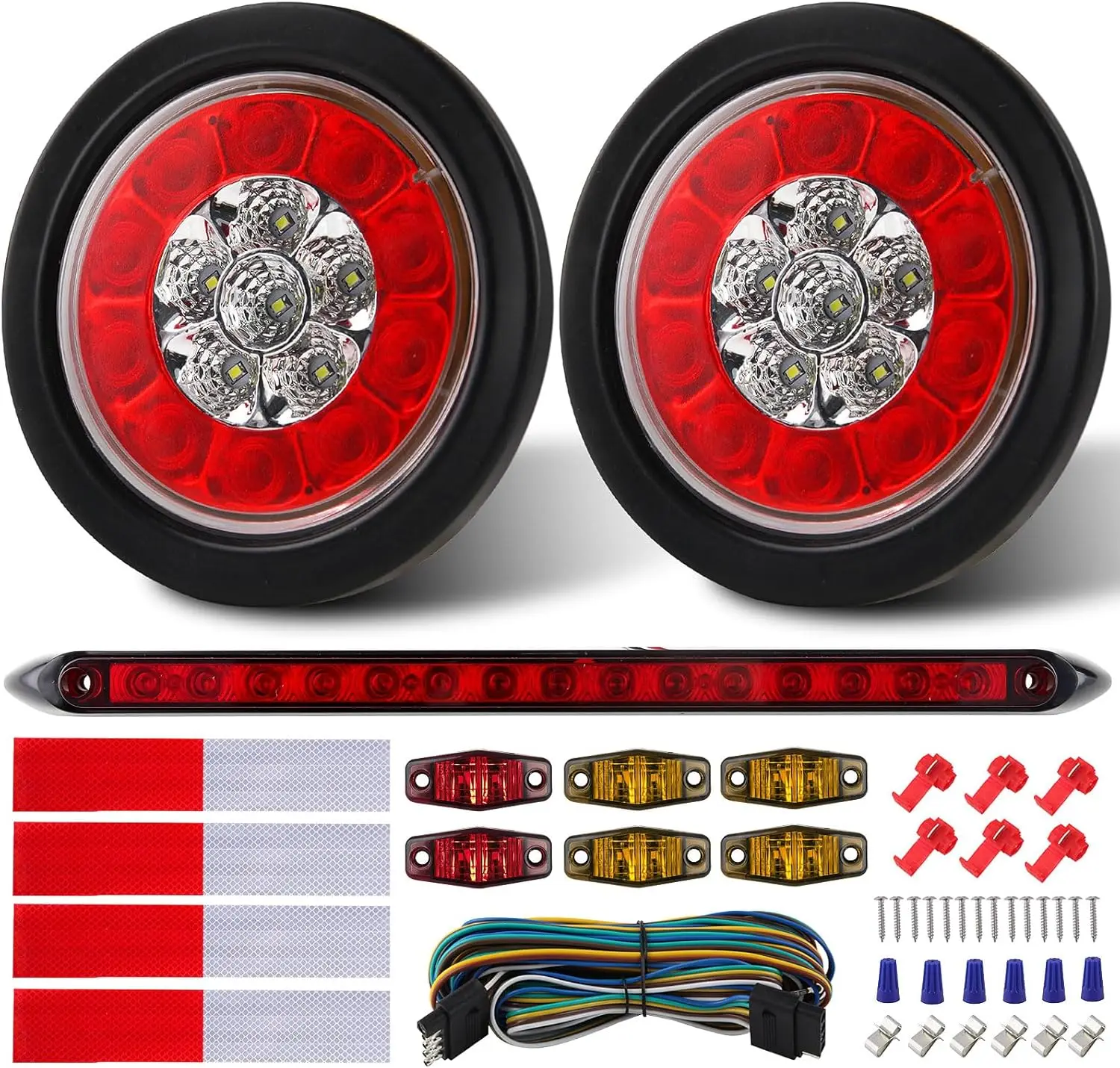 

4' Round LED Trailer Tail Lights Kit, 16LED, 4Amber+2Red Markers, 13.8' 3rd Brake Strip, 5-Pin Wiring Harness