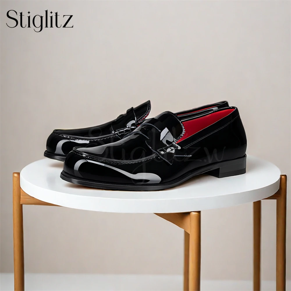 

Black Patent Leather Loafers For Men Top-Stitching Black Loafers Banquets Shoes Soft Genuine Leather Slip On Shoes for Wedding