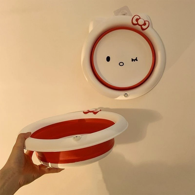 Hellokitty Cartoon Folding Wash Basin Portable Outdoor Camp Basins Bathroom Supplies Washbasin Hanging Cleaning Tool Accessories