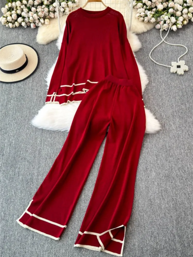 Autumn Fashion Solid Knitted 2 Piece Sets Women Outfits Loose Sweater Top + Wide-Leg Pants Suits Fashion New Female Clothes 2024