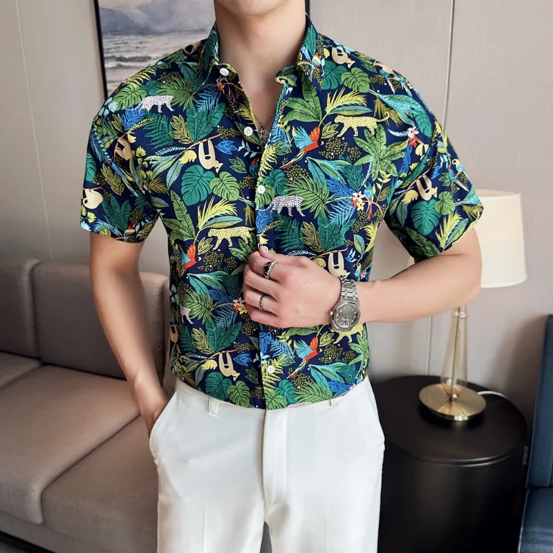 

Floral Printed Pure Cotton Shirt Men 2024 Summer Short Sleeve Slim Casual Business Shirts Tuxedo Blouse Social Party Streetwear