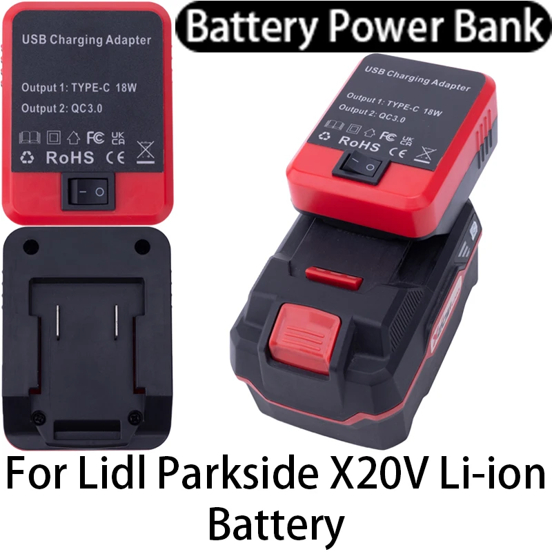 Battery Adapter Power Bank for Lidl Parkside X20V Li-ion Battery with USB/Type-C Dual Fast Charging Interface Mobile Power Bank