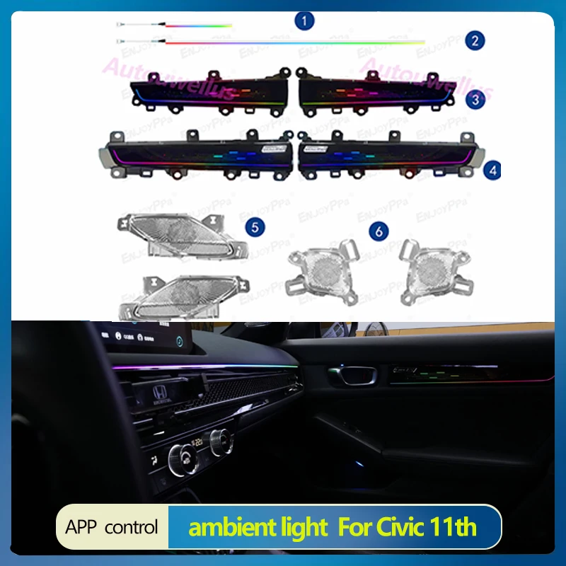 

Applicable for 2022-2024 Honda 11 Civic Car Ambient Lights Automotive Interior Decoration64 Colors LED Safety assistance systems