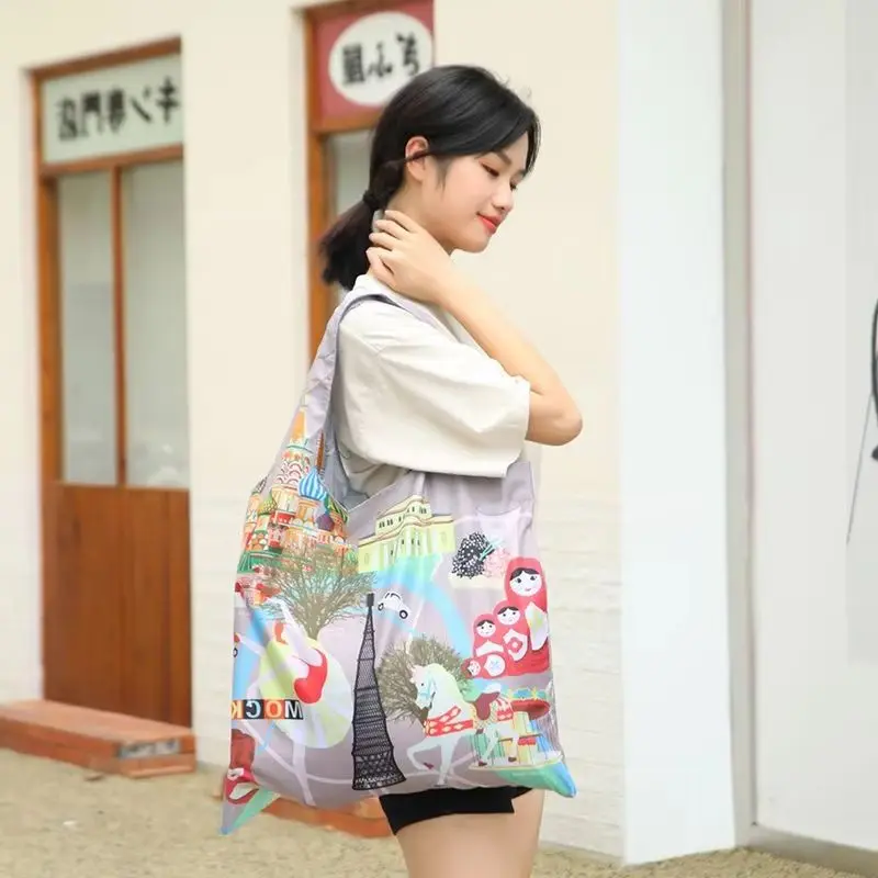 

Fold Cartoon Shopping Bags City Pattern Pouch Fashion Handbags for Women Waterproof Large Capacity Shopper Travel Wash Bags