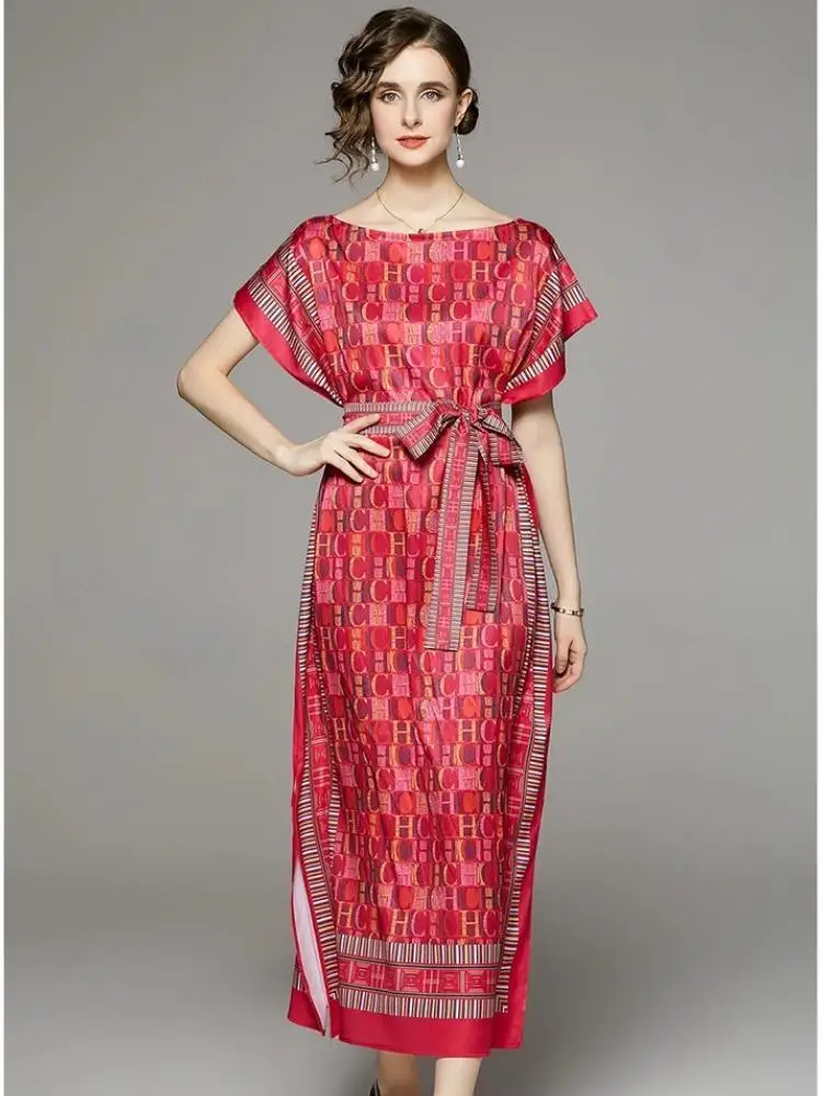 Elegant Print Sicily Dress Summer Women Batwing Sleeve Fashion Designer Colorful Flower Vintage Casual Dresse Female Holiday New