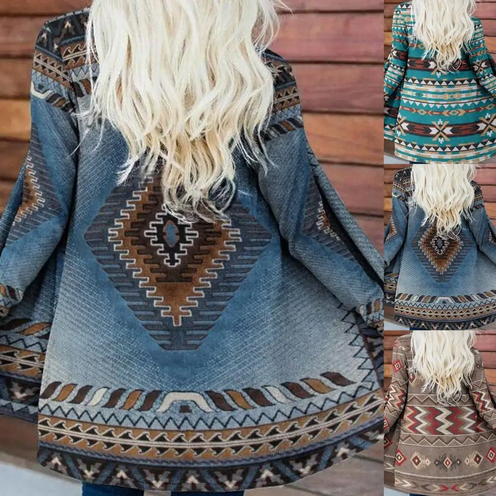 Pretty Female Coat Long Sleeve Coat Comfortable Ethnic Print Cardigan Top Winter Coat  Keep Warm