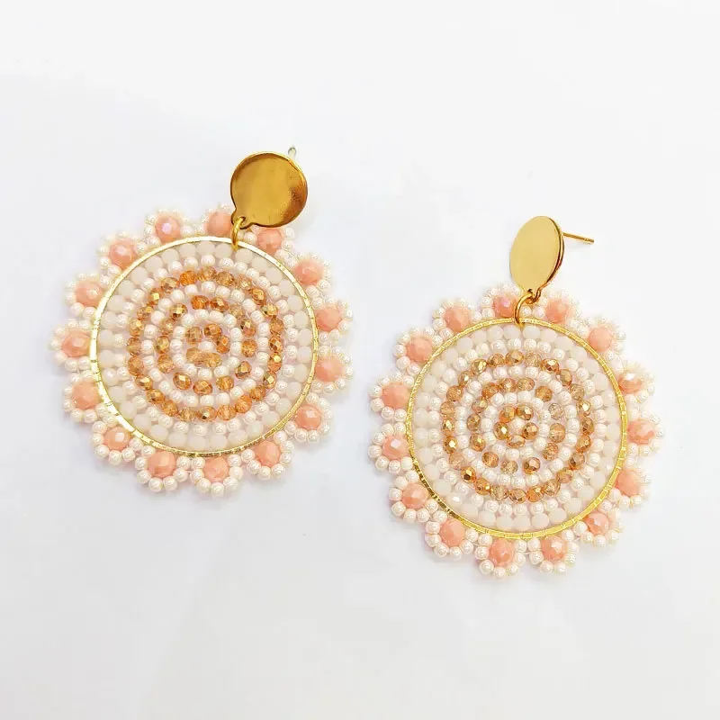 

2025 Handmade Bead Earring Sunflower Design Crystal Roundness Originality Hand Knitting Bohemia Beaded Earrings For Women