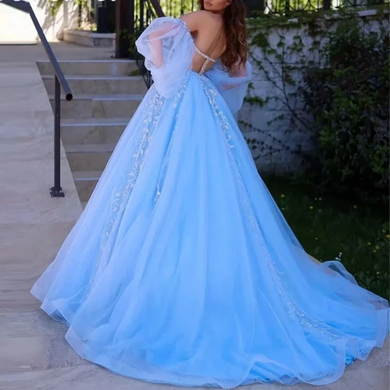 

Очаровательные женские синие платья Quinceanera с пышными рукавами, бусинами, кружевом, Золушкой, платья принцессы на молнии сзади 15 лет