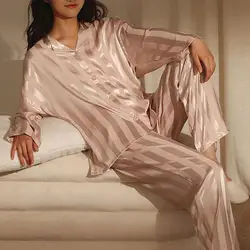 Solid-color Striped Pajamas Women's Striped Silk Pajama Set with Long Sleeve Shirt Wide Leg Pants Spring Summer for Comfort
