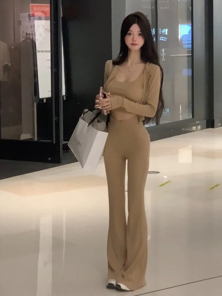 

Весна-Осень 2024, женский повседневный облегающий кардиган на бретельках, длинные брюки, комплект из спортивной футболки, дышащий легкий хлопковый комплект