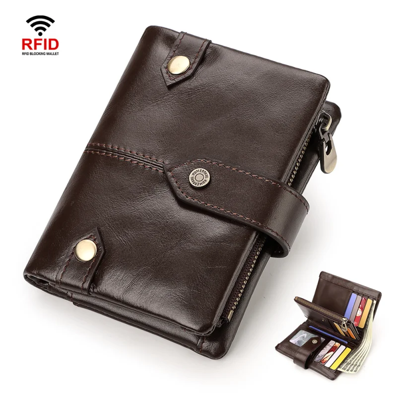 Monedero RFID de piel de vaca unisex, tarjetero de cuero genuino, capa superior, cartera corta para hombres y mujeres, nuevo