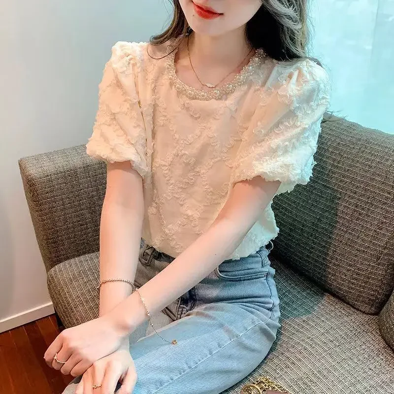 

French Short-sleeved Chiffon Shirt for Women Fashion Bead Puff Sleeve Top Trendy XQ415