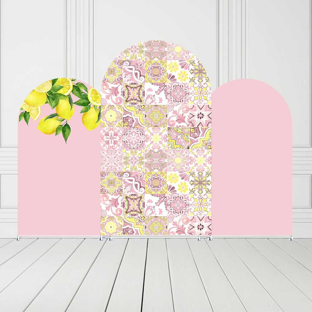 

2-Sided Arch Backdrop Cover Pink Mediterranean Lemon Tiles Birthday Party Chiara Arch Cover for Porcelain Parties Decorations