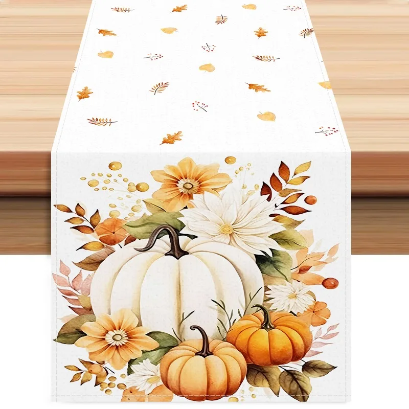 Thanksgiving Fall Table Runner, Pumpkins Autumn Maple Leaves Kitchen Dinner Table Runners for Thanksgiving Decor