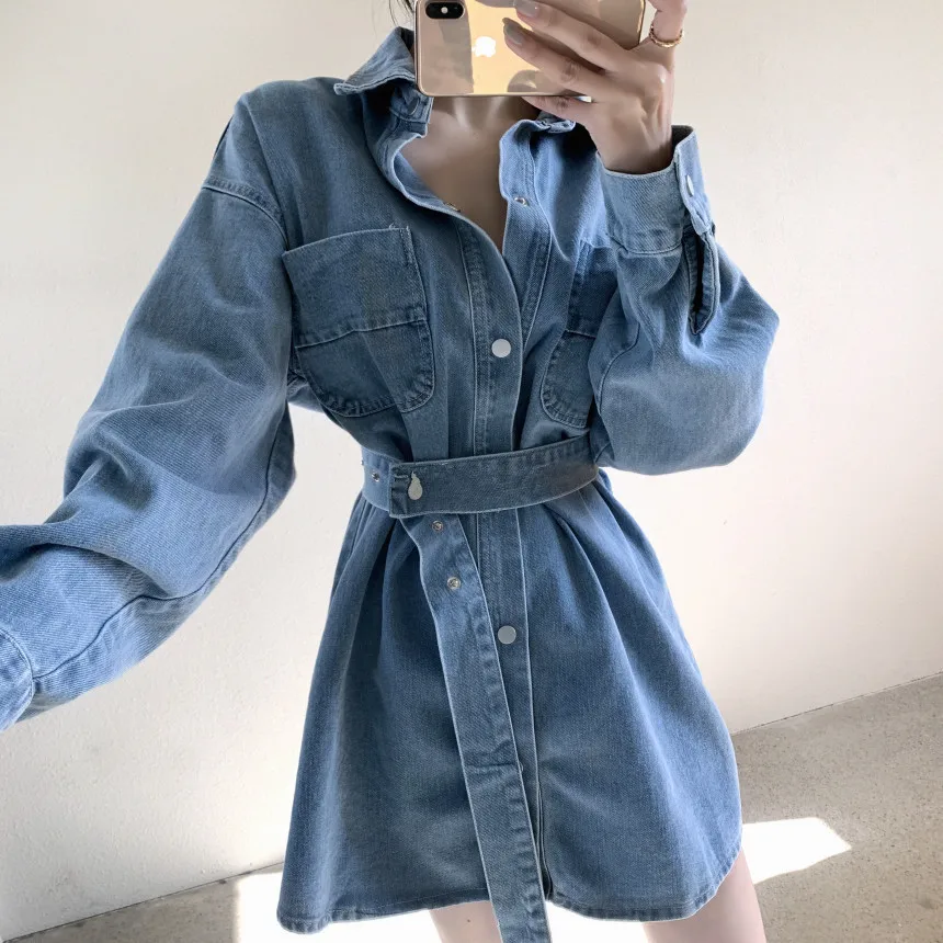 

Spring women Long Sleeve Jeans dress 2025 Korean style Jeans Breif Single Breasted Buttons Mini denim dress womens (yk7957)