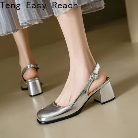 

Patent Leather High Heels Sandals Women 2024 Summer Ankle Straps Platform Sandals Woman Silver Square Toe Thick Heeled Shoes 45