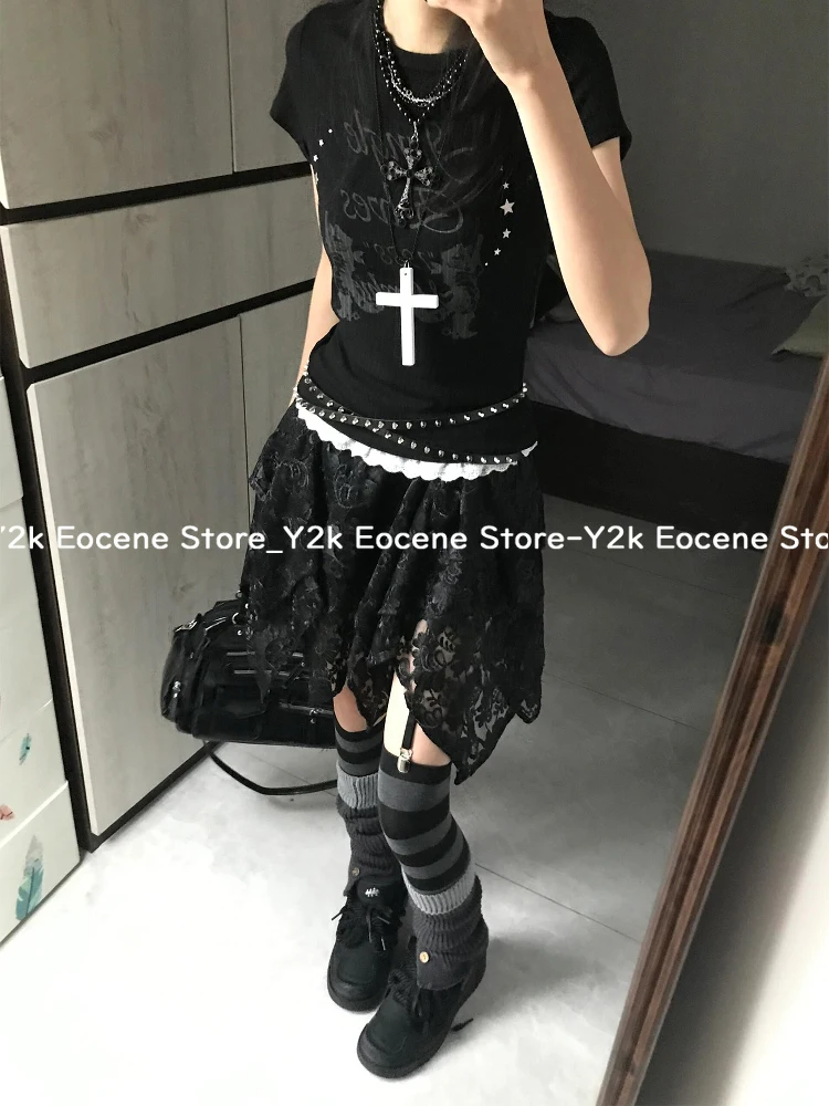 Gótico y2k menina quente magro manga curta topos feminino 2000s high street retro magro camiseta 90s estética novo chique retalhos outfits