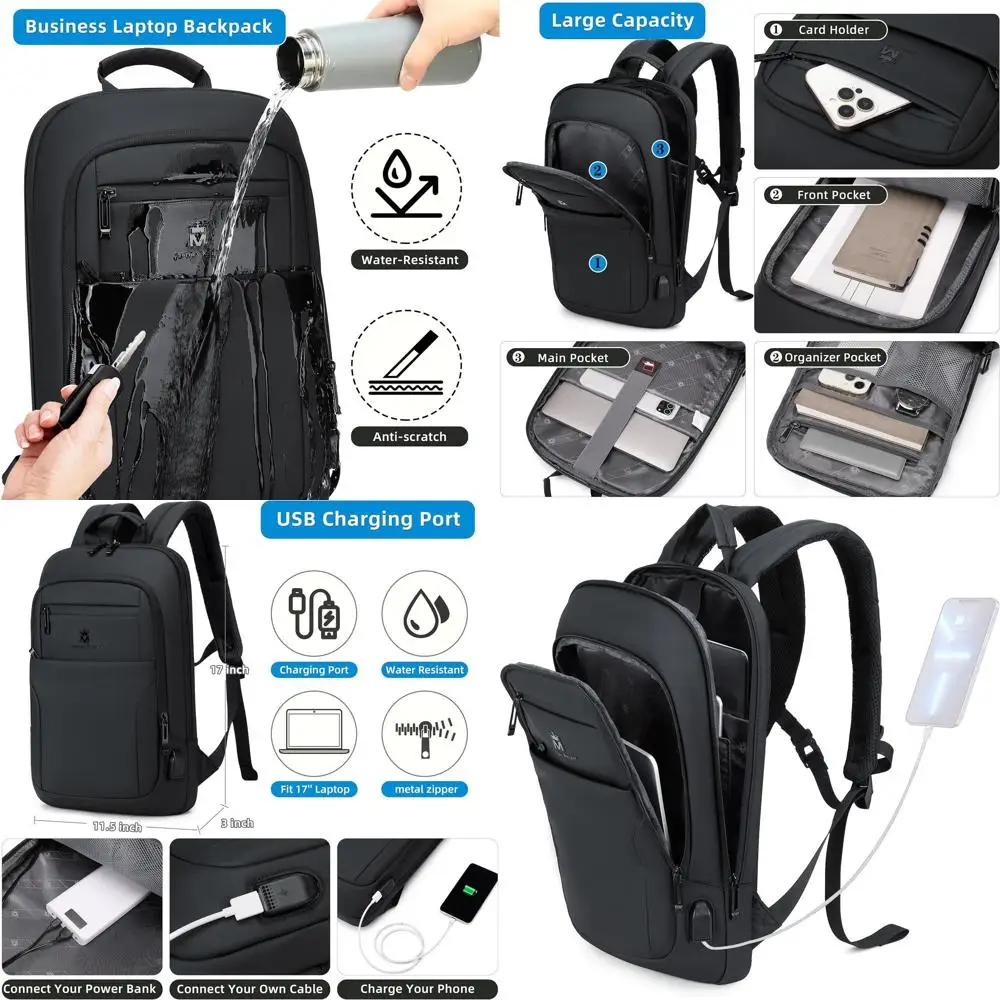 

Men's 15.6 Slim Business Backpack with USB Port, Laptop Bag for Travel and Work (Black, Medium)