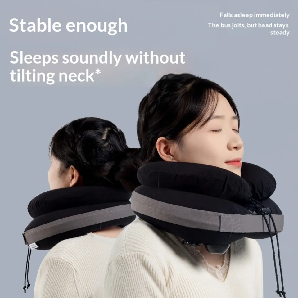 

Pocket U-shaped Inflatable Travel Pillow Double Layer Neck Support Portable Foldable Airplane Pillow Solid Color Polyester