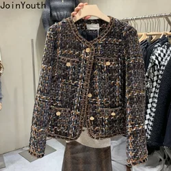 Vintage Jackets 2023 Women Clothing O-neck Long Sleeve Pocket Tweed Temperament Tops Fashion Korean Cropped Coat Y2k Clothes