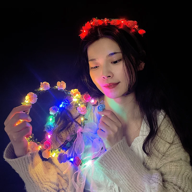 Wedding Party Crown Flower Headband LED Light Wreath Garland Decoration Women Girl Birthday Favor Luminous Hair Garland Hairband