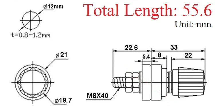 Copper 555 M8x40 Wire Binding Post Thread Screw 8mm Lithium Battery Weld Inverter Clamps Power Supply Connect Terminal Splice