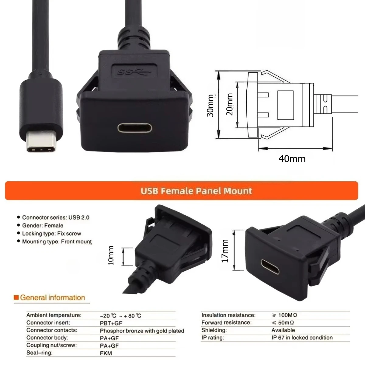 USB-C Type-C USB 3.1 Male To Female 10Gbps Extension Flush Car Latch Mount Extension Cable for Dashboard Panel