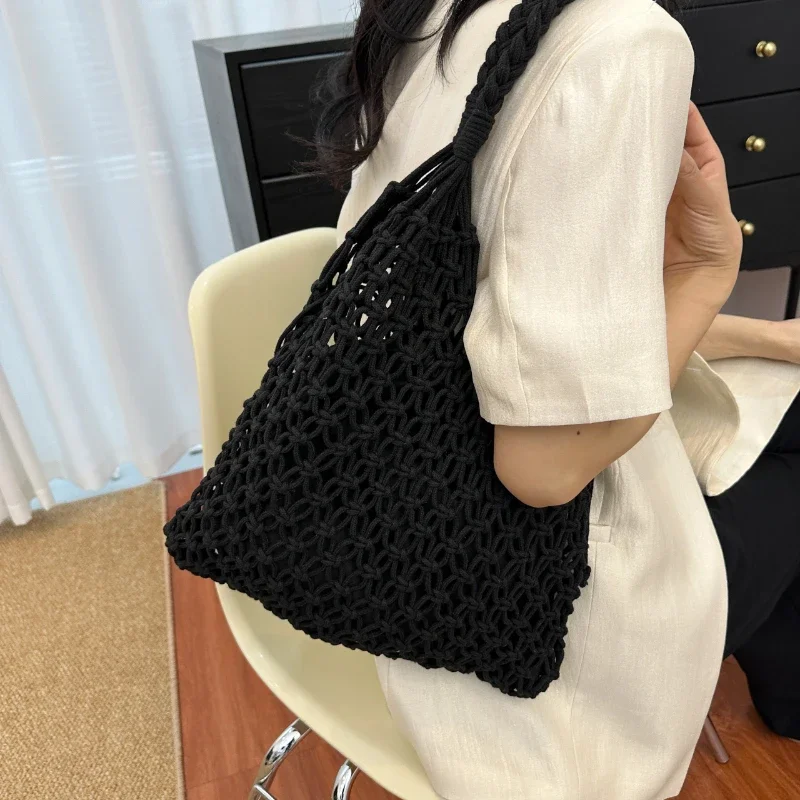 Casual Interior Compartment Shoulder Bags Sewing Thread Strap-on 2024hot Sale Bags for Women Open Pocket Cotton Fabric Woven Bag