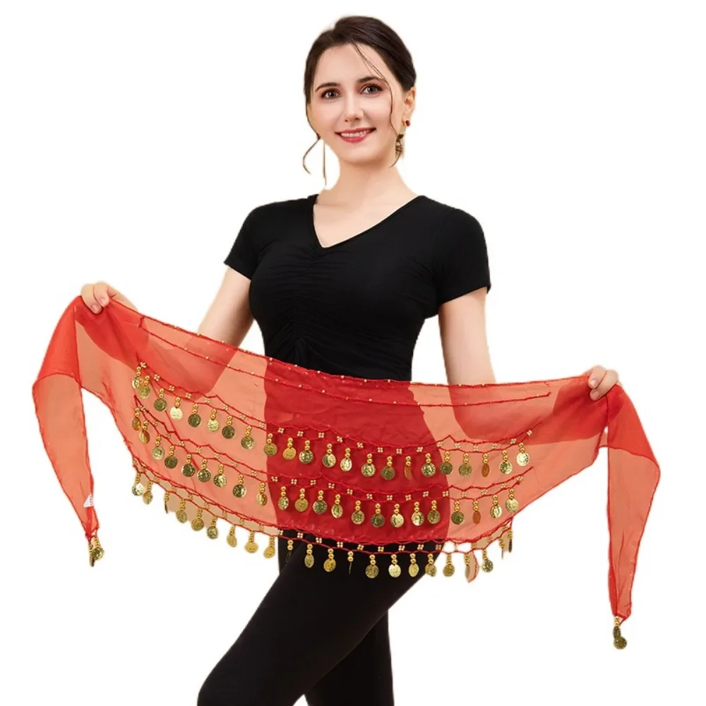 Sciarpa dell'anca di danza del ventre con monete color oro Sciarpa dell'anca regolabile a tre strati Avvolgente Cintura da ballo comoda e facile da indossare