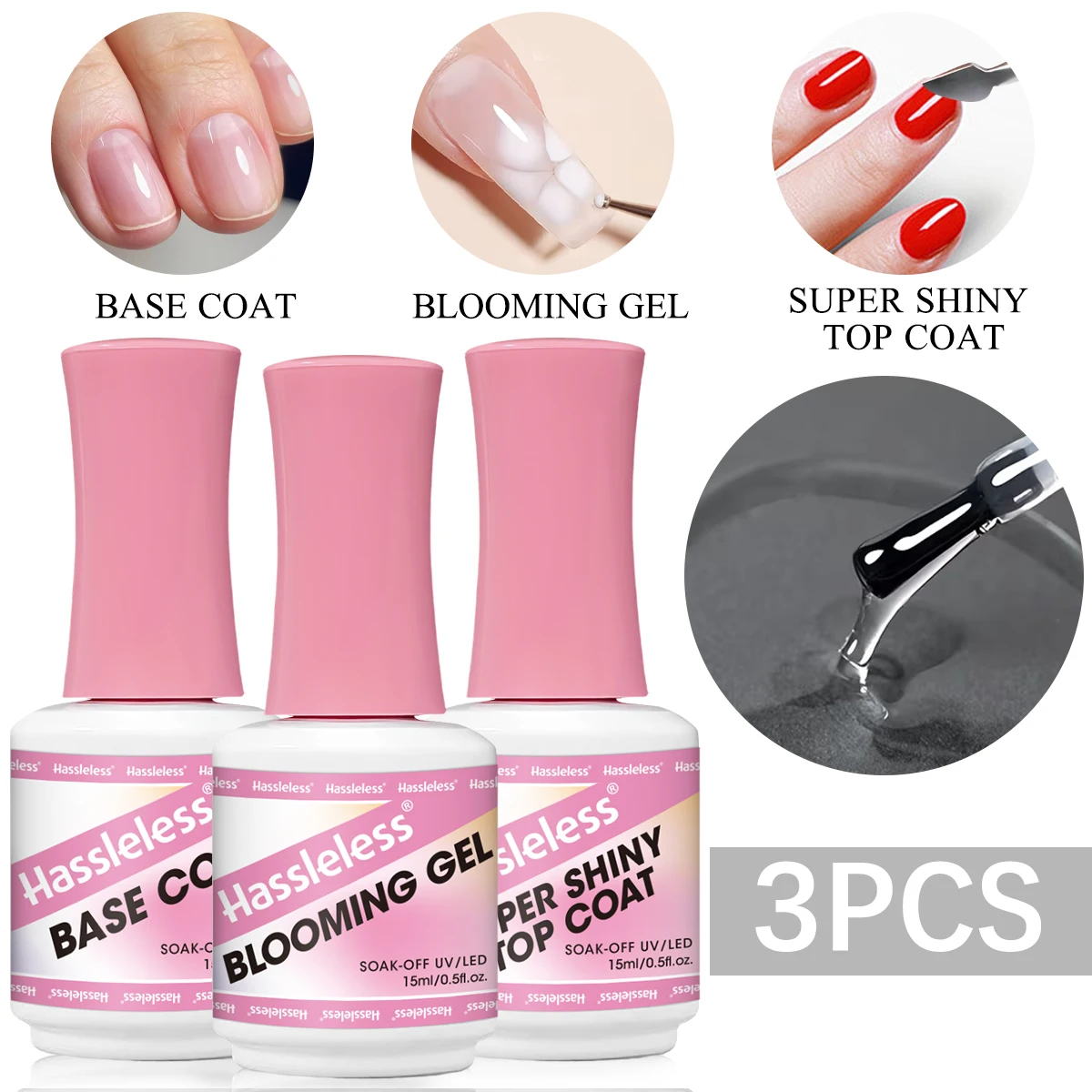 

Hassleless Base Gel + Gradient Gel + Super Shiny Top Coat 3-Piece Set, 15ml Each, for Creating Marble-Effect Nail Polish, Led Light-Curing Gel Nail Polish - | Creates a Watercolor Gradient Effect, Easy to Use, Ideal for Professional Nail Technicians and N