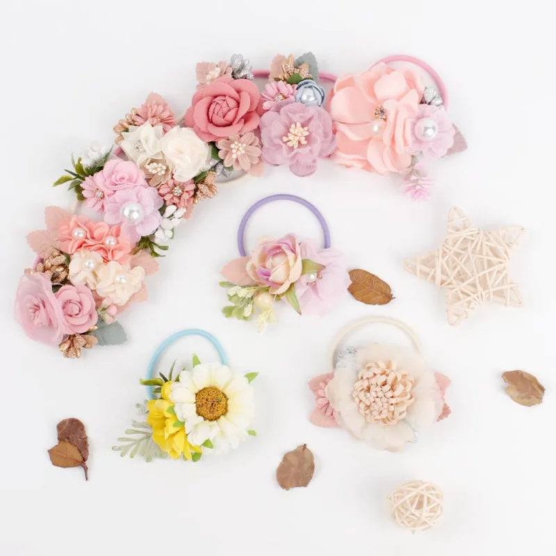 Handmade Flower Elastics Hair Ties For Kids Girls Stretchy Rubber Hairband Slim Headband Scrunchies Ponytail Holder Ring Loop