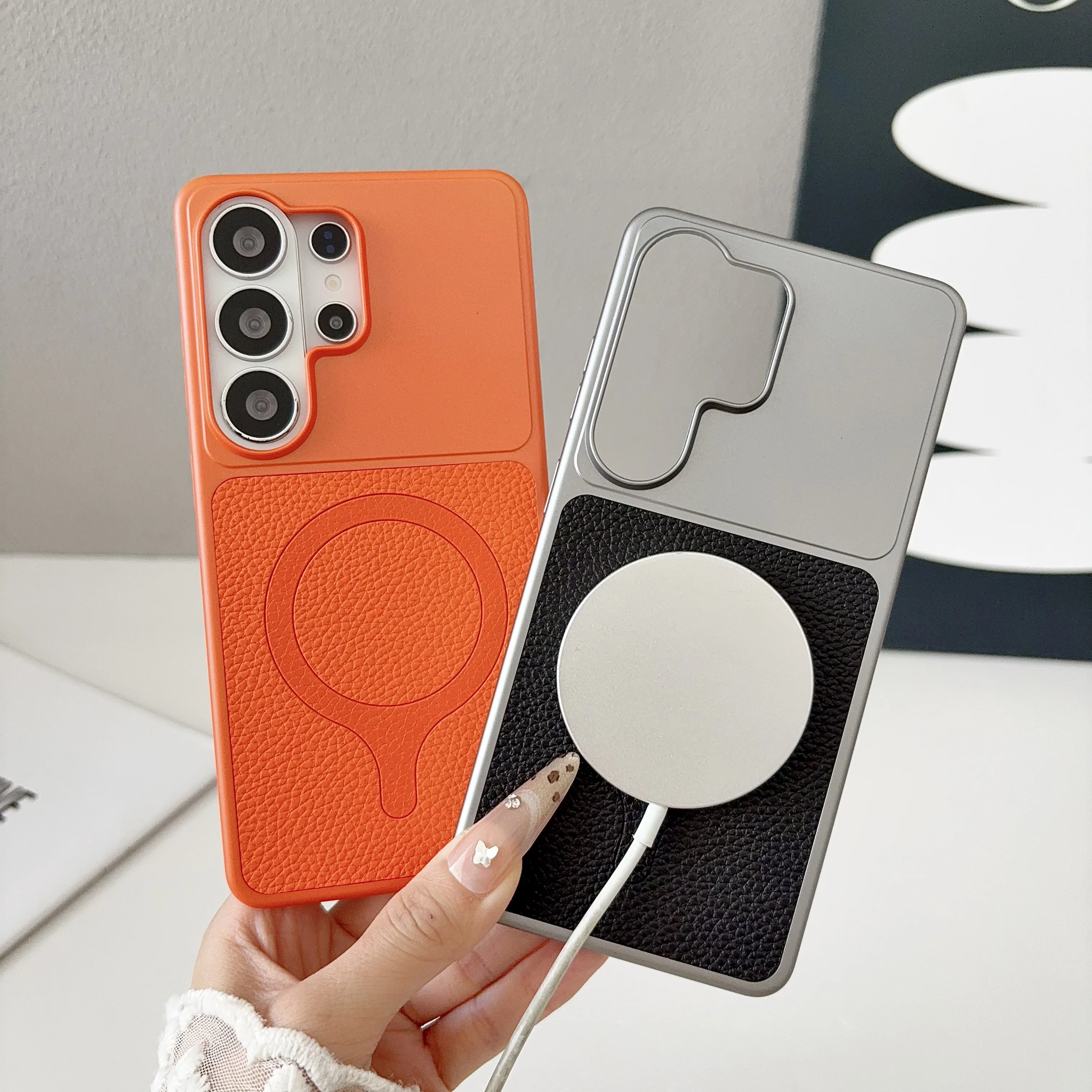 Luxury Plating Frame Lychee Grain PU Leather Shockproof Case For Samsung S26 S25 S24 S23 Ultra Plus FE For Magsafe Charge Cover